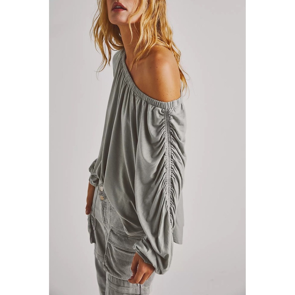 Free People Care FP Serenade Tee XS Gray Tencel Off Shoulder Ruched Top NWOT